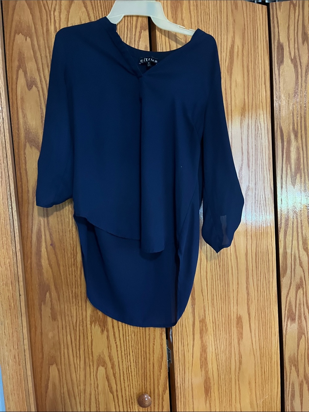 Citrus Navy Draped V-Neck Blouse
